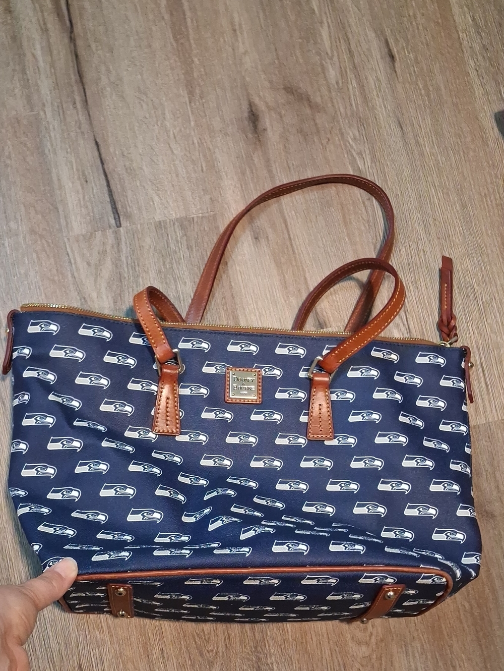 Dooney & Bourke Navy Seattle Seahawks Logo Tote with Brown Trim
